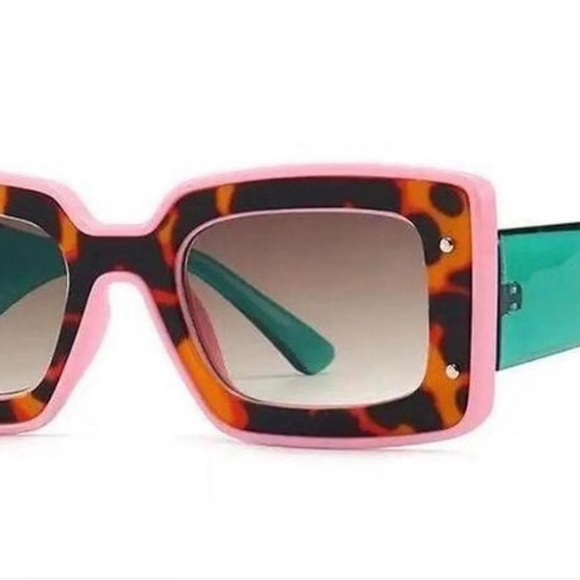 Leopard Tortoise Shell Pink Aqua Teal Color block Mixed Animal Print Sunglasses - Picture 4 of 4